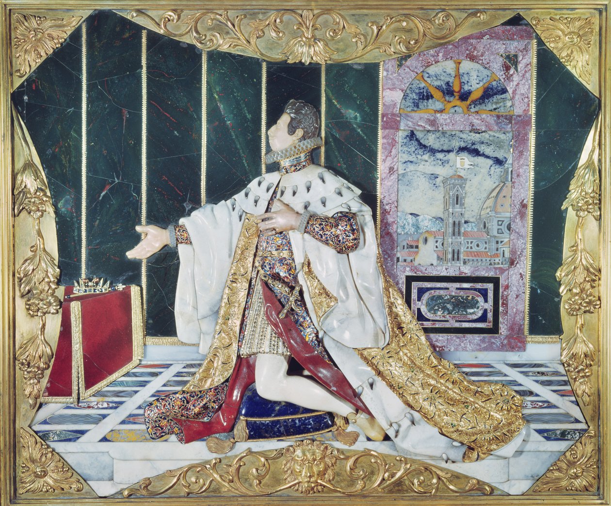 Ex-voto ، 1617-24 (pietra dura ، مينا ، أحجار كريمة وإطار برونزي مذهّب) بواسطة المدرسة الايطالية