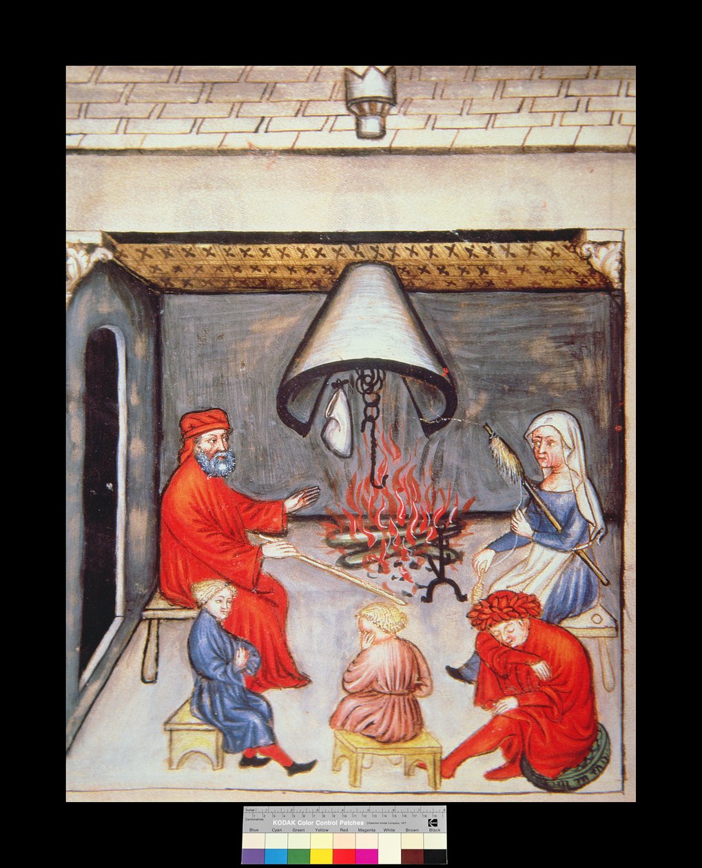 Fol.100v محادثة أمام النار ، صورة توضيحية من Tacuinum Santiatis Codex Vindobonensis بواسطة المدرسة الايطالية