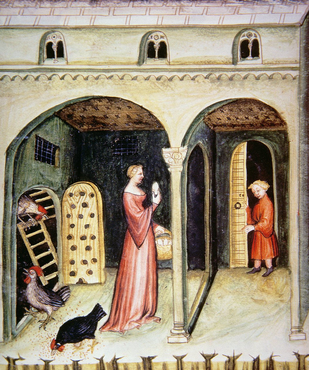 Fol.65v تربية الدجاج ، التوضيح من Tacuinum Santiatis Codex Vindobonensis بواسطة المدرسة الايطالية