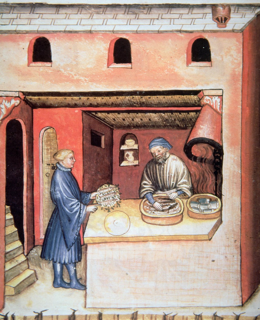 Fol.83v السمك المنقوع في الخل ، رسم توضيحي من Tacuinum Santiatis Codex Vindobonensis بواسطة المدرسة الايطالية