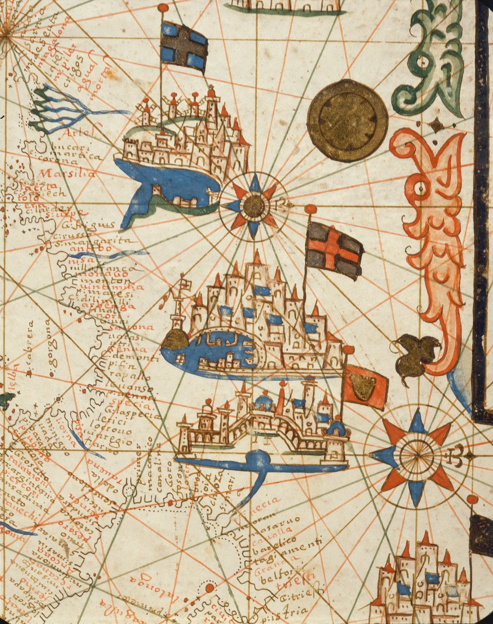 مرسيليا ، جنوة والبندقية ، من أطلس بحري ، 1646 (حبر على رق) (التفاصيل من 330937) بواسطة المدرسة الايطالية
