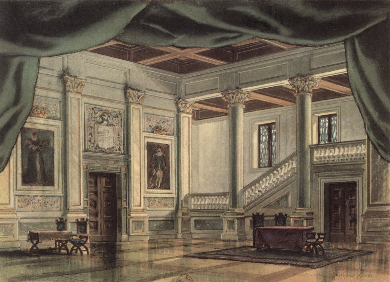 مجموعة تصميم للقانون الثالث لأوبرا "ريجوليتو" لجوسيبي فيردي (1813-1901) بواسطة المدرسة الايطالية