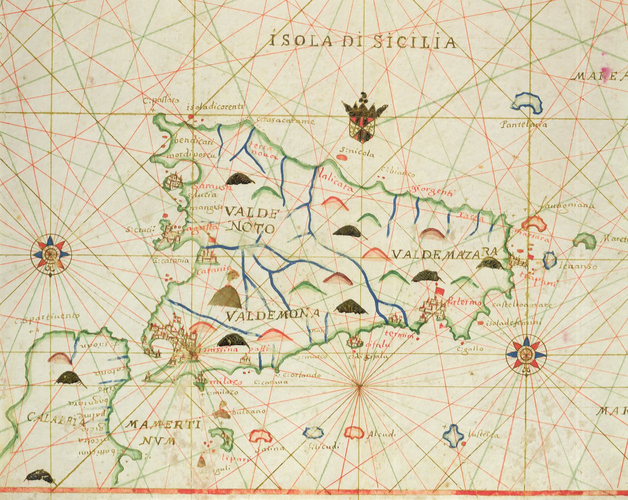 صقلية ومضيق ميسينا ، من أطلس بحري ، 1646 (حبر على الرق) بواسطة المدرسة الايطالية