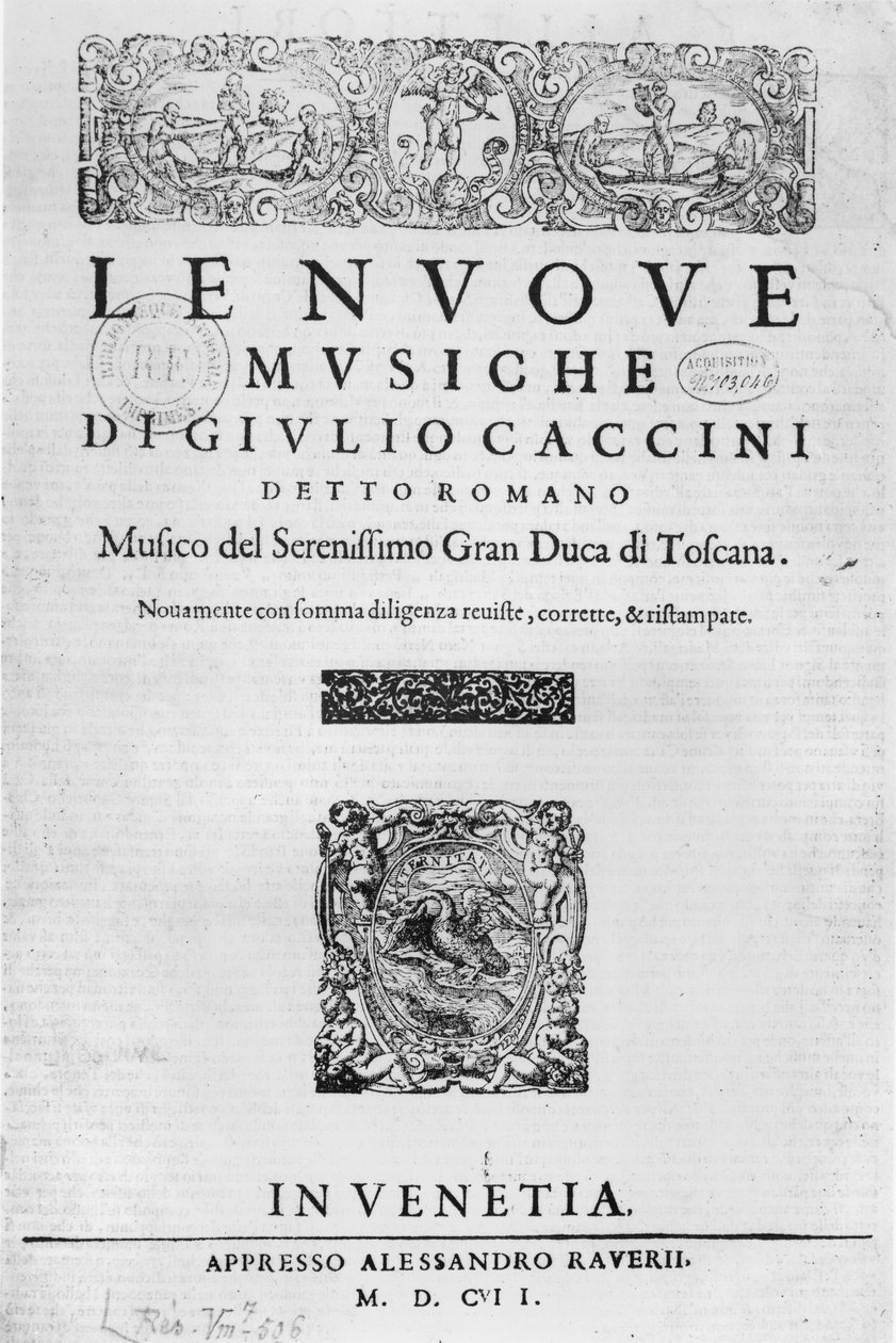 صفحة عنوان "Nouve Musiche" بواسطة جوليو كاتشيني (c.1550-1615) 1602 بواسطة المدرسة الايطالية