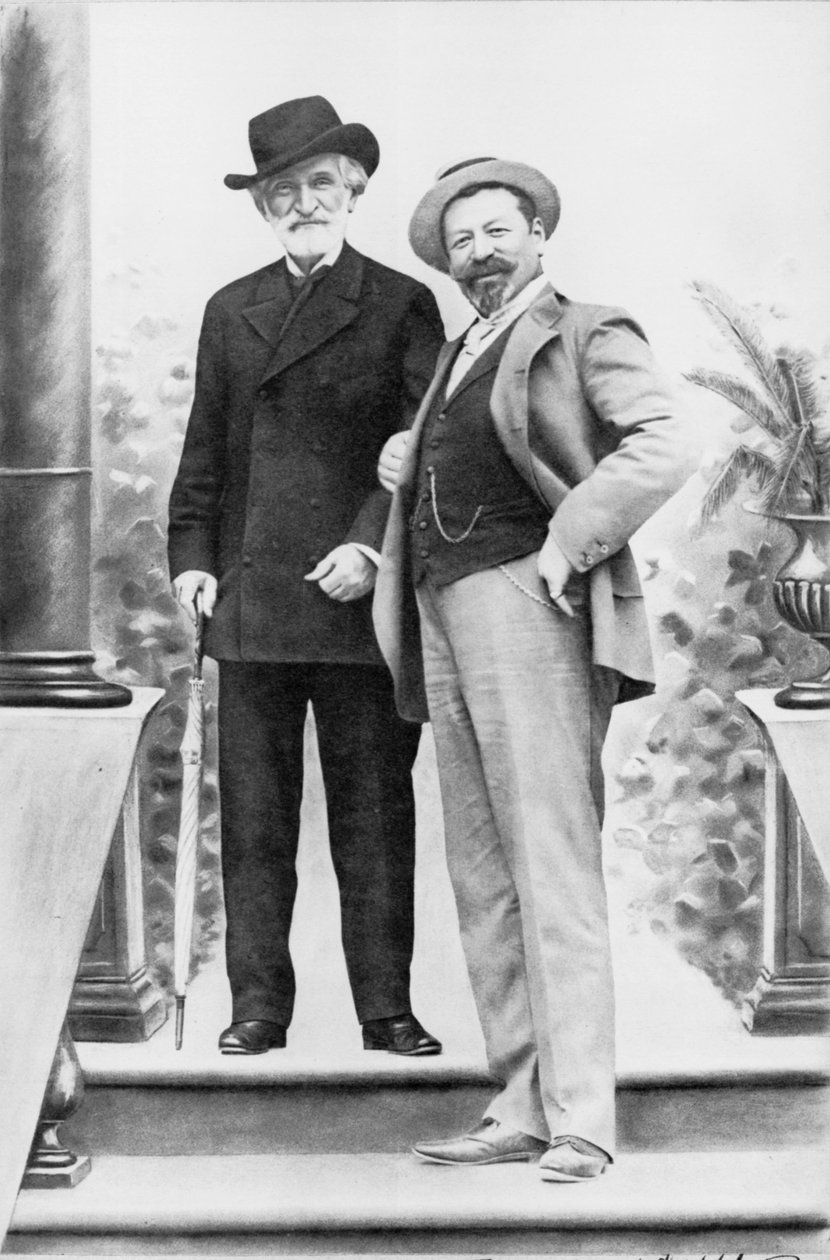 جوزيبي فيردي ، الملحن الإيطالي (1813-1901) ، والتينور فرانشيسكو تاماجنو (1850-1905) في مونتيكاتيني في نهاية القرن التاسع عشر. بواسطة مصور إيطالي