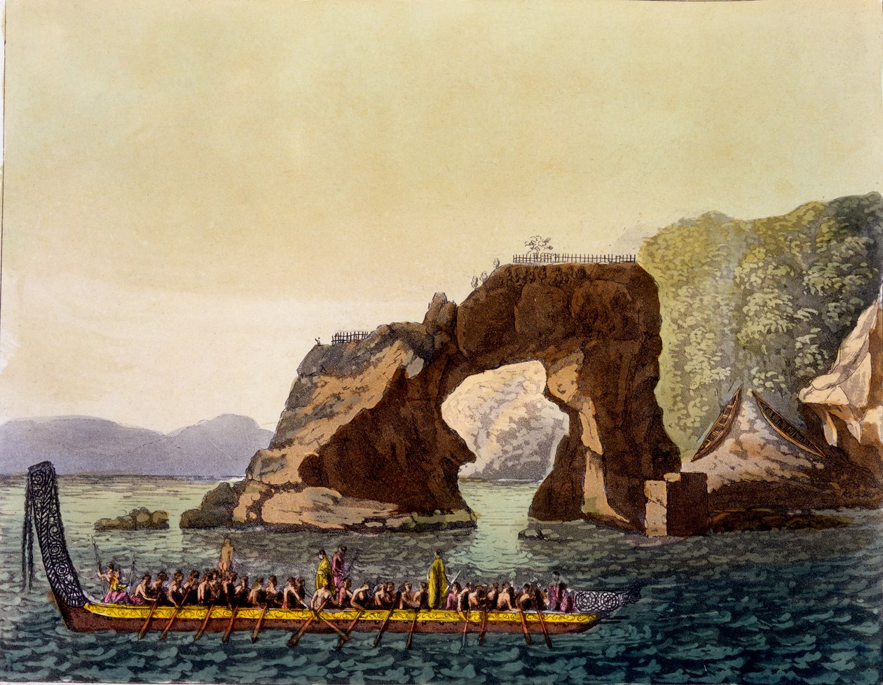نقطة نظرة محصنة من الماوري في نيوزيلندا ، إلى جانب زورق حرب الماوري ، 1820s-30s (أكواتنت ملونة باليد) بواسطة المدرسة الايطالية