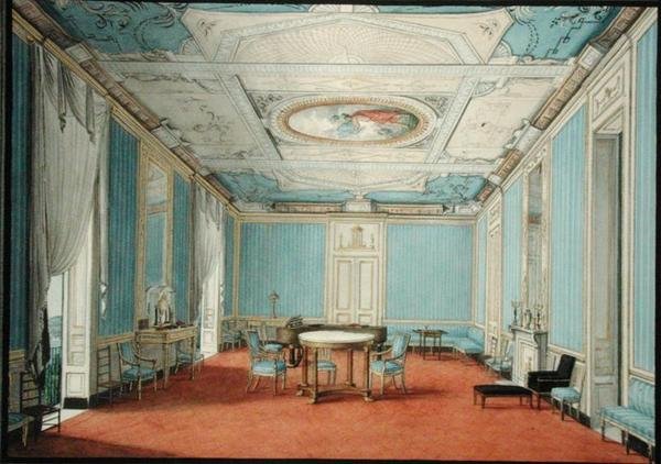 تصميم داخلي للقصر الكلاسيكي الجديد في نابولي ، حوالي عام 1830 (الغواش والألوان المائية مزينة بالذهب على الورق) بواسطة المدرسة الايطالية