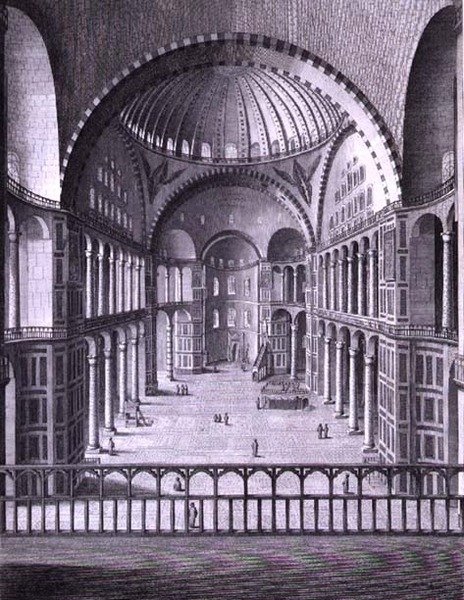 منظر من الداخل لمسجد سانتا صوفيا في القسطنطينية تم التقاطه عام 1786 ، نقش بواسطة دومينيكو برونتي (1788-1815) 1788 (نقش) بواسطة المدرسة الايطالية