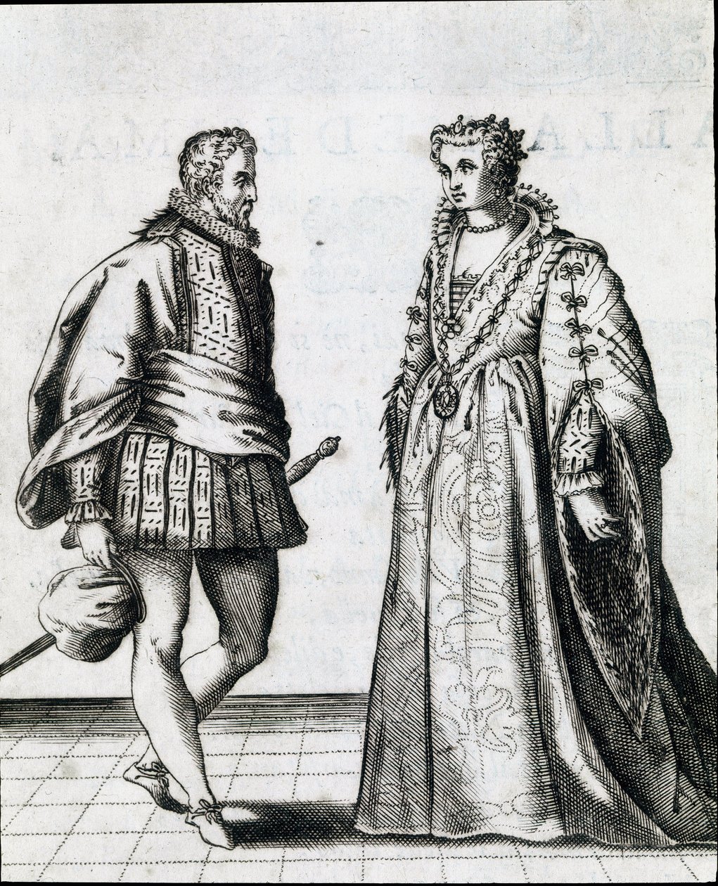 زوجان من النبلاء الإيطاليين. نقش من صفقات "Il ballarino" (أو Il dancer) على رقصة سيد الرقص Fabritio Caroso (1527 / 1535-1605 / 1620) 1581. المتحف المدني Biblioteca Musicale ، بولونيا بواسطة المدرسة الايطالية