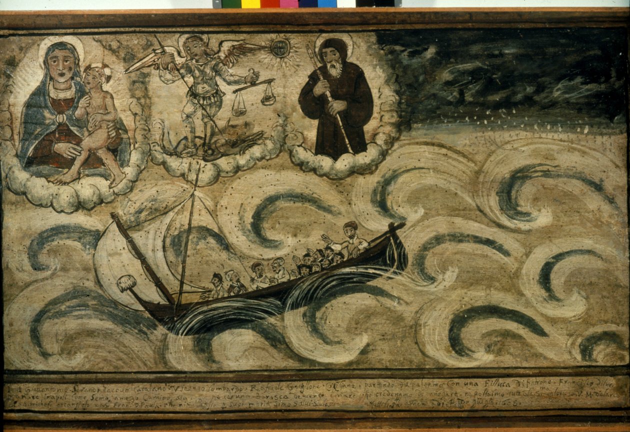 قارب صيد يفر من العاصفة. Ex voto من القرن السابع عشر من كنيسة Madonna dell'Arco في نابولي. بواسطة المدرسة الايطالية
