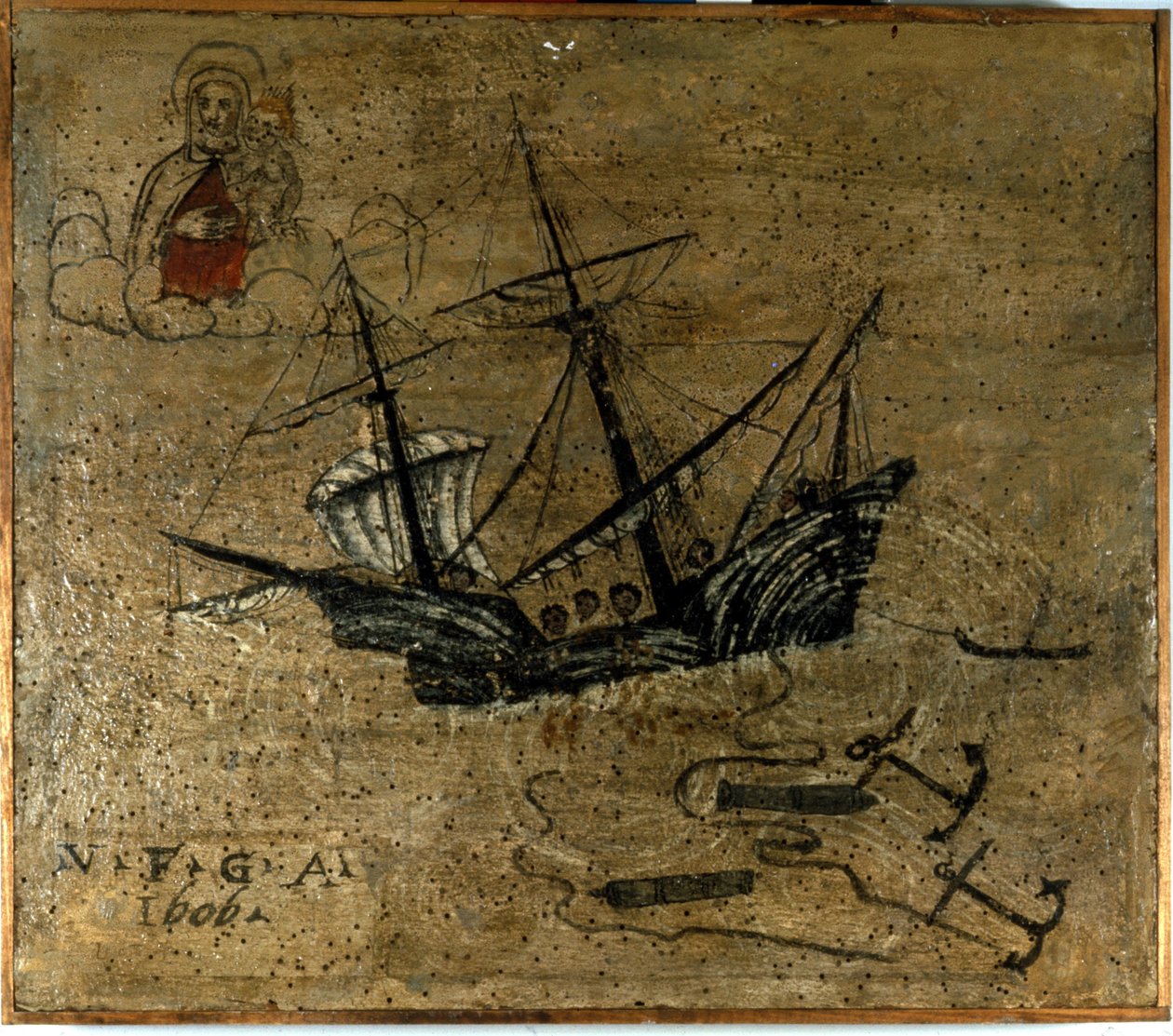 يرمي جاليون المراسي ومدفعين لإطلاق العنان خلال عاصفة. Ex voto de 1610 del l'Eglise de la Madonna dell'Arco ، نابولي. بواسطة المدرسة الايطالية