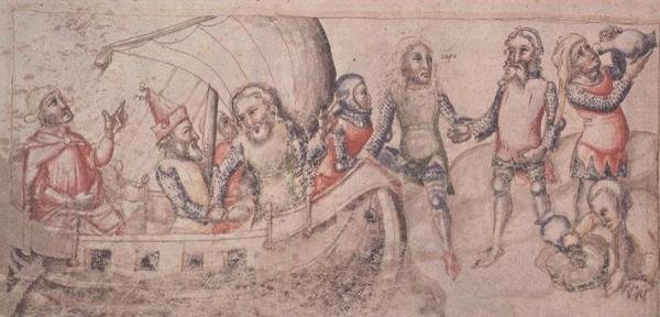 أضف 15477 الصفحة 2 ، غادر جايسون في رحلته ، من "Liber de Casu et Ruina Trojae" للمخرج Guido de Columnis (ورق الرق) بواسطة المدرسة الايطالية