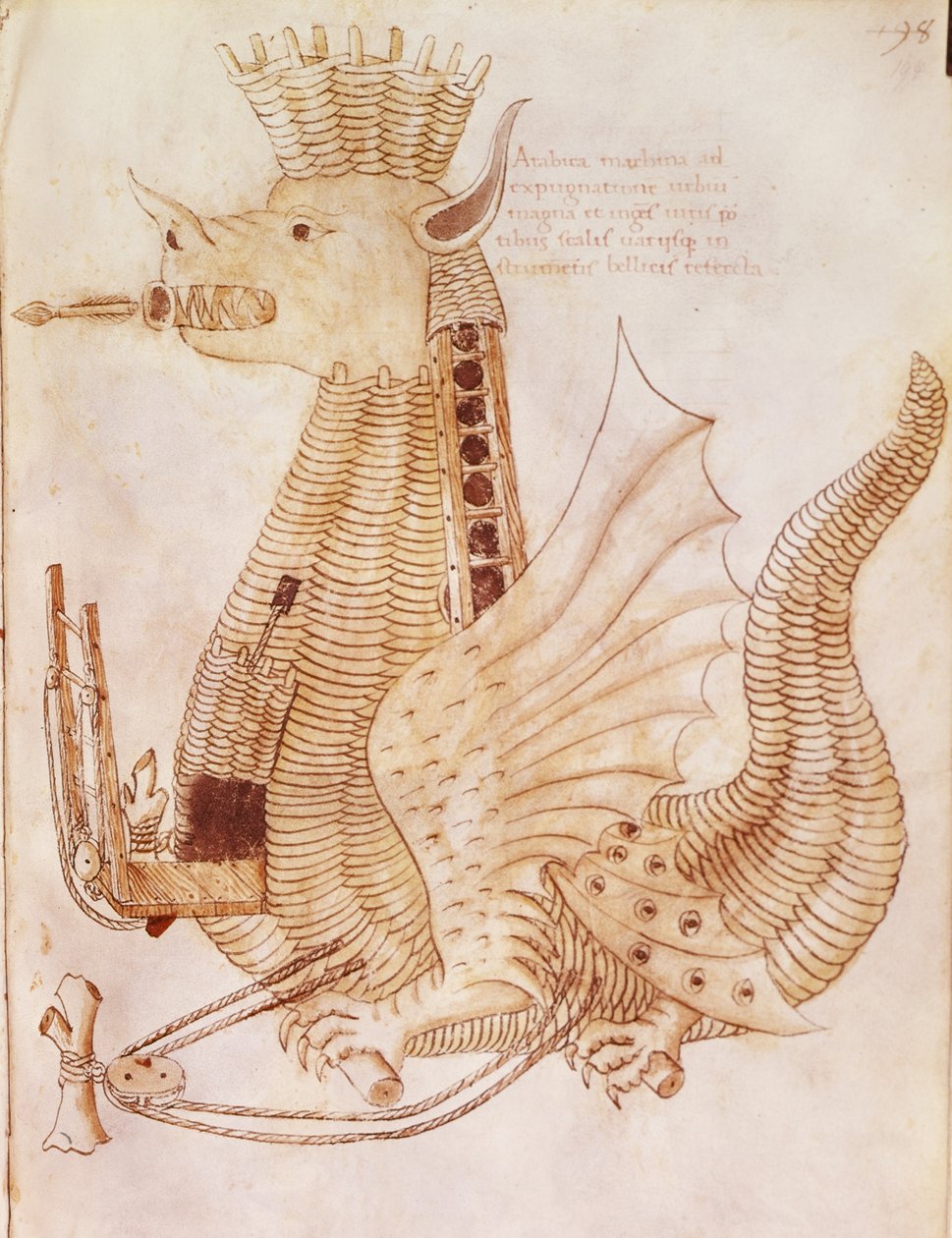 أضف 24945 صفحة 194 تصميم محرك حصار ، من "De re Militari" بقلم Robertus Valturius (litho) بواسطة المدرسة الايطالية