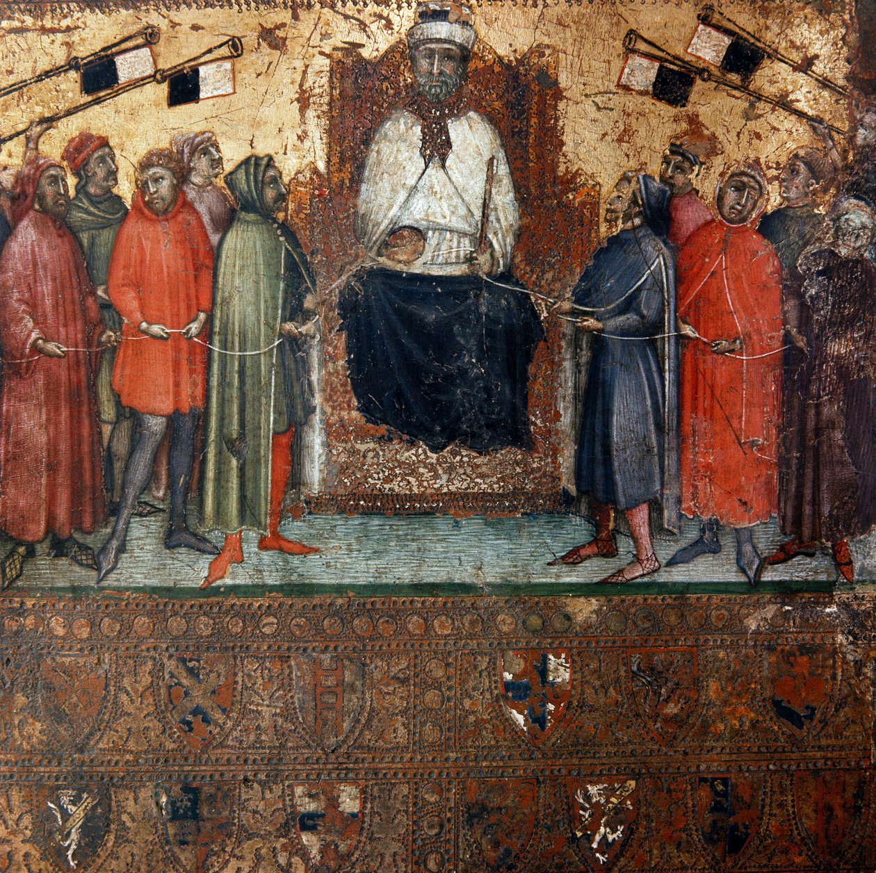 Allegory of the government of the city of Siena surrounded by citizens who are symbolically linked to it by a rope Anonymous painting on wood of a Biccherna (cover of the accounting register of the city of Siena) 1385. Siena Archivio di Stato, Italy بواسطة المدرسة الايطالية