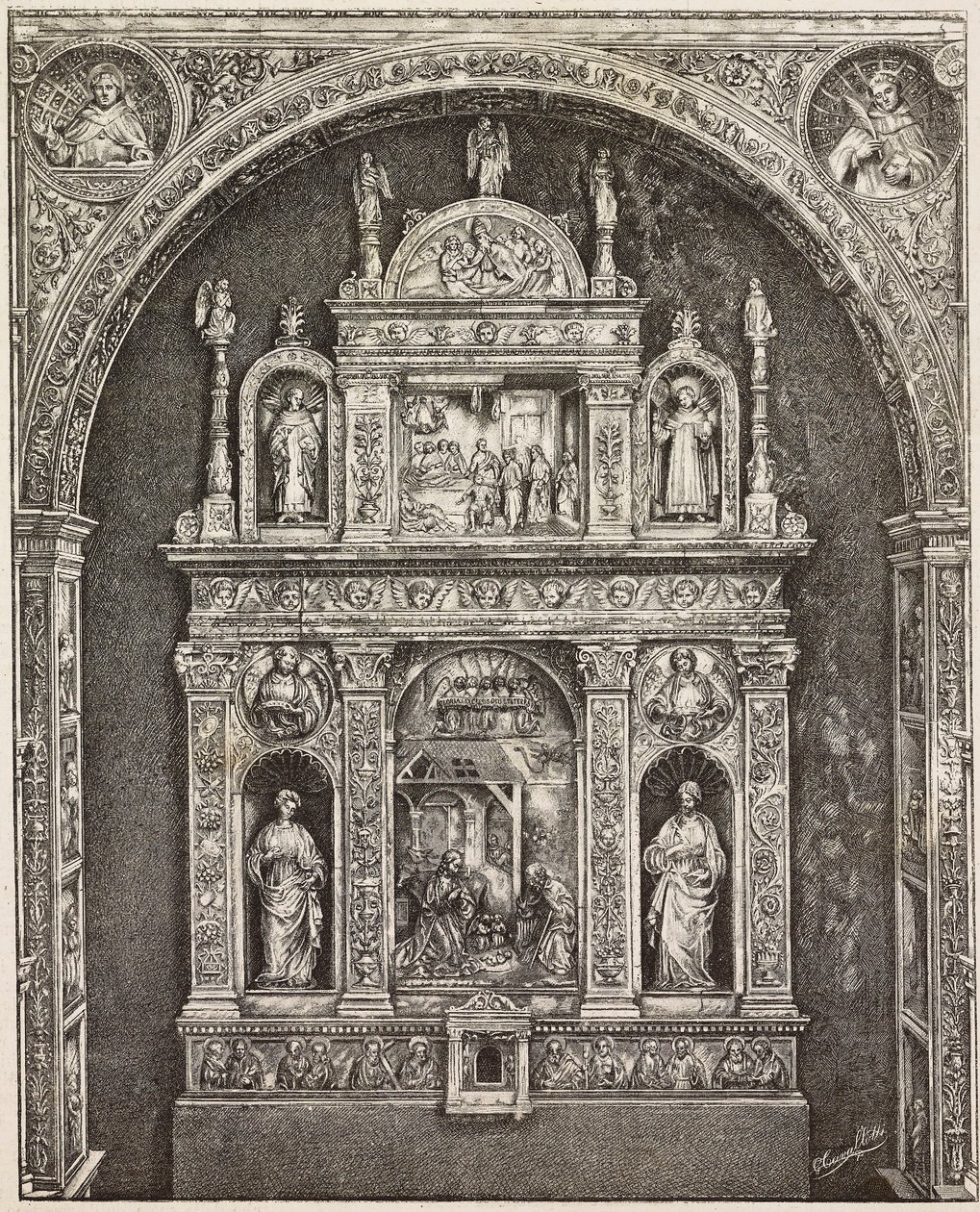 Altar in St Cita church, by Antonello Gagini, Palermo, Italy, engraving from drawing by G Cavallotti, from L