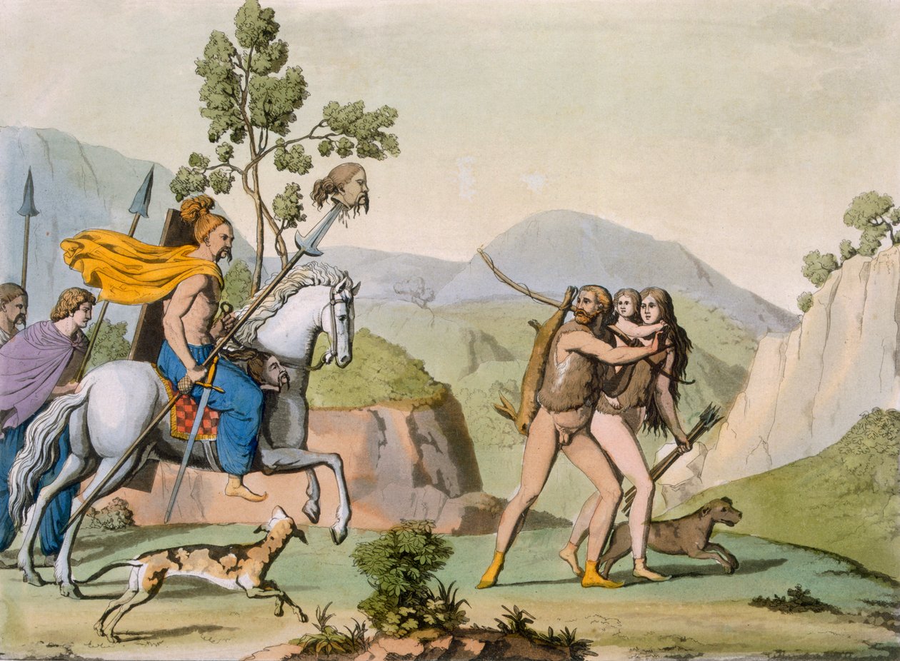 المحاربون السلتيون القدماء في غزوة يواجهون زوجين في الصيد ، حوالي 1800-18 (نقش ملون) بواسطة المدرسة الايطالية