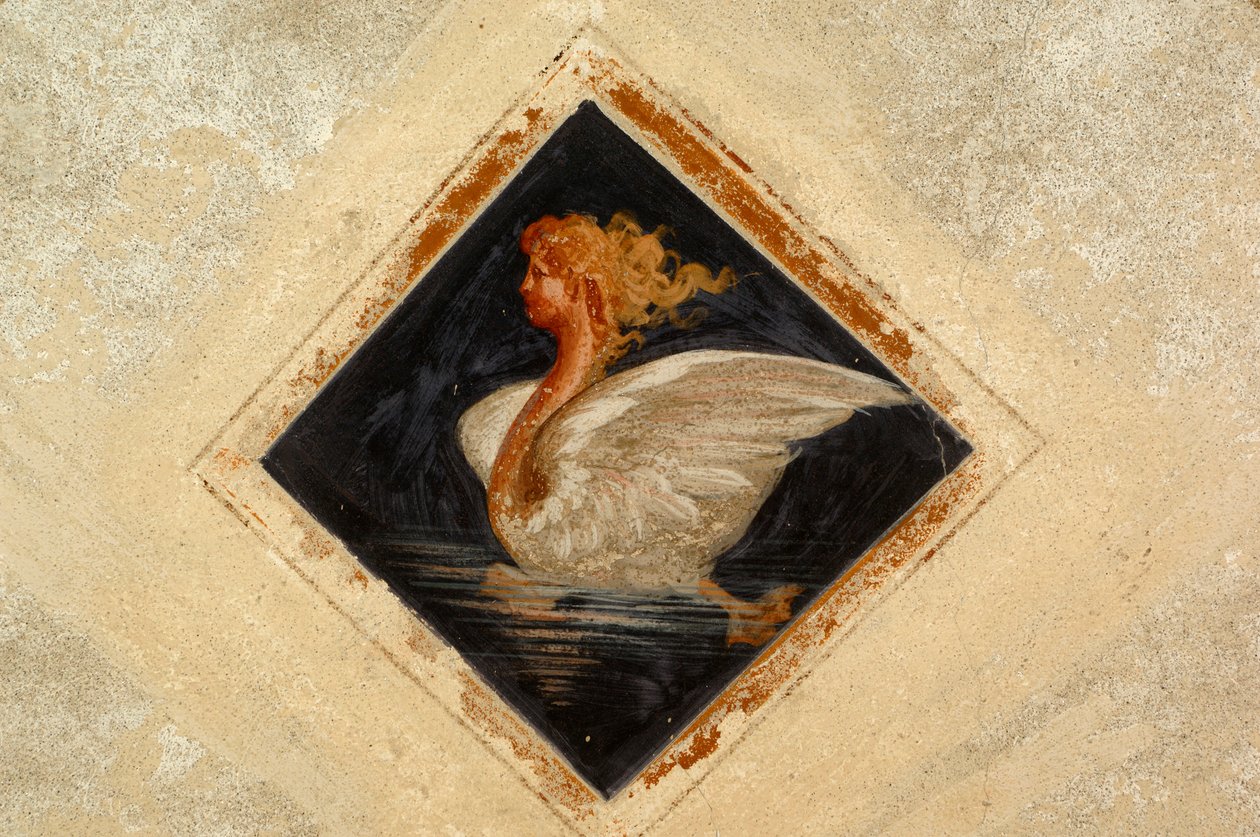 بجعة مجسمة، لوحة جدارية، قصر تيرننغو غرومو (القرن السادس عشر)، حي القرون الوسطى في بياتسو، بييلا، بيدمونت، إيطاليا بواسطة المدرسة الايطالية