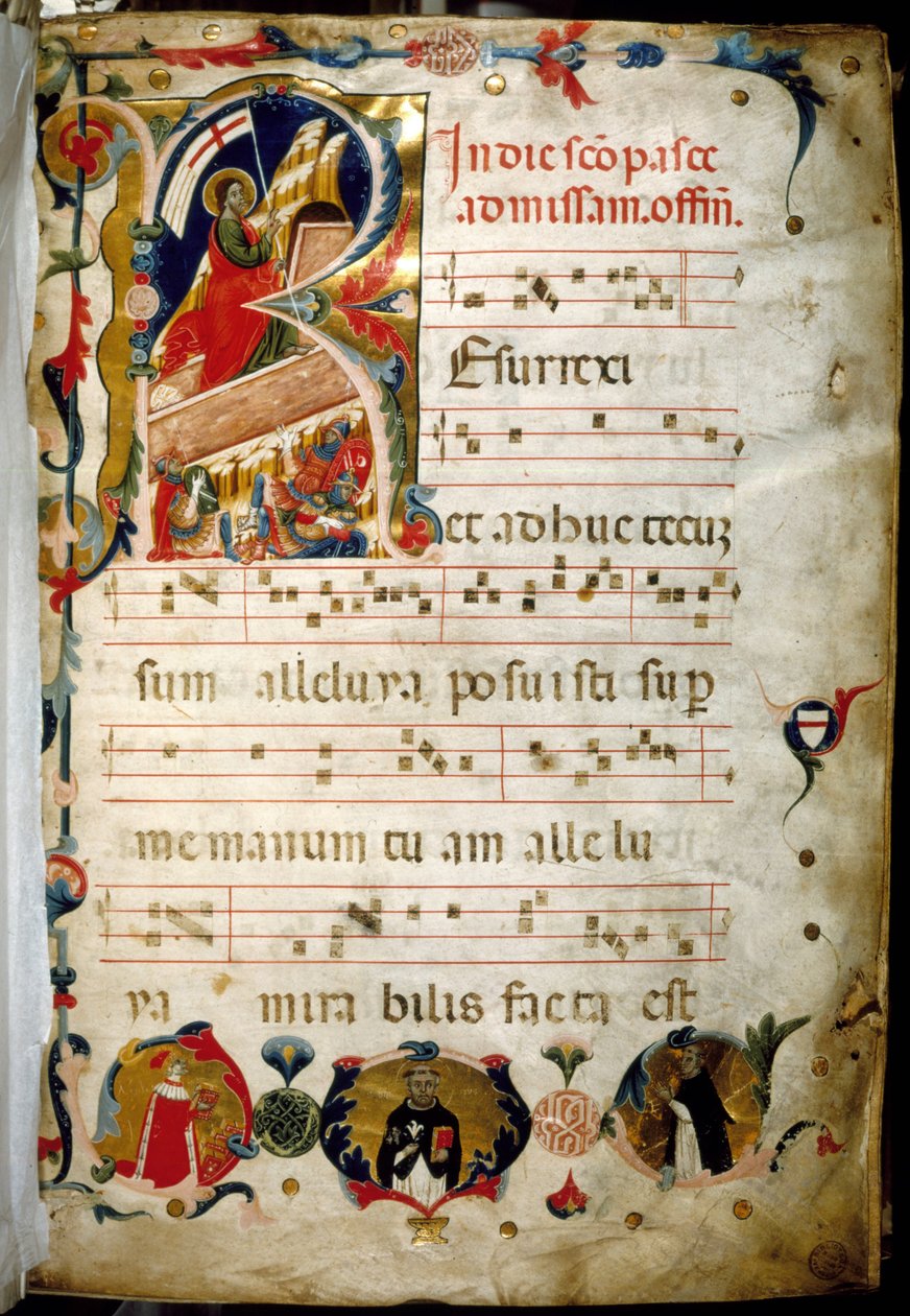 Antiphonary (مخطوطة موسيقى مقدسة) مع صورة دوجي مارينو زورزي في أسفل اليسار. بواسطة المدرسة الايطالية