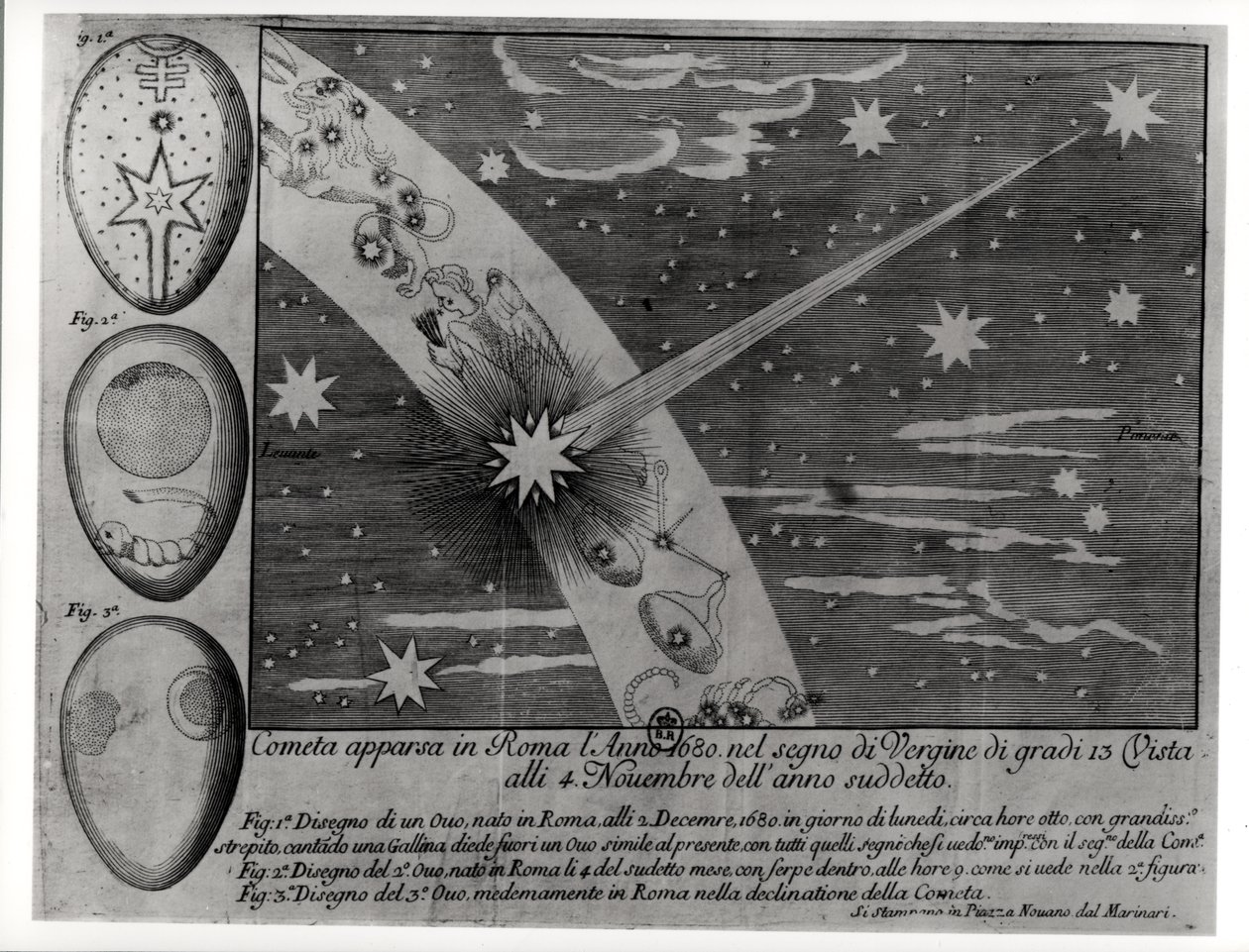 مخطط فلكي للمذنب الذي ظهر في روما أثناء برج العذراء وبقي مرئيًا حتى نوفمبر 1680 بواسطة المدرسة الايطالية