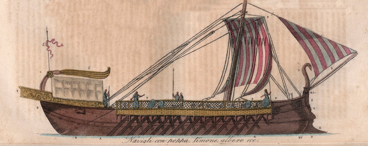 ثلاثية الأثيني ، القرن الرابع قبل الميلاد (أكروستوليوم) - Triere ou trireme - نقش من عادات وتقاليد جميع شعوب الكون. هذا هو تاريخ الحكومة ، والقوانين ، والميليشيات ، ودين جميع الأمم من أبعد العصور حتى بواسطة المدرسة الايطالية