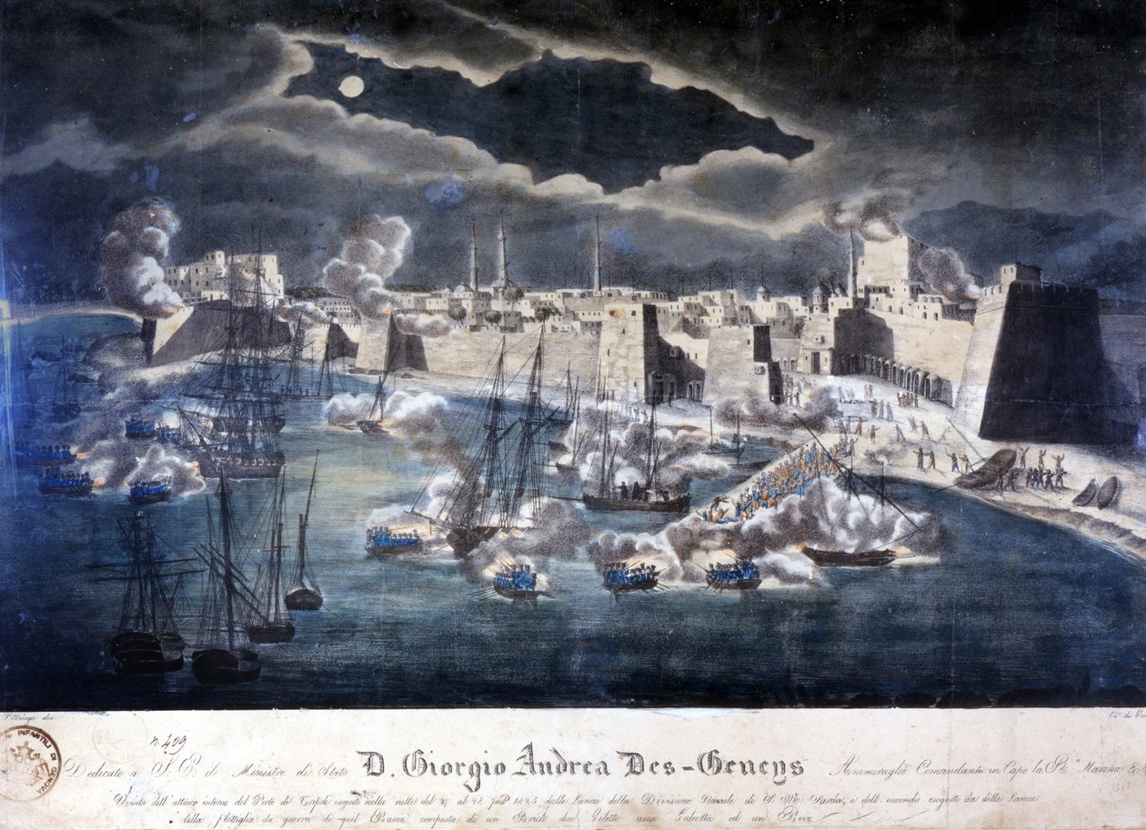 هجوم للبحرية سردينيا على ميناء طرابلس خلال عمليات ضد القرصنة البربرية عام 1825. بواسطة المدرسة الايطالية