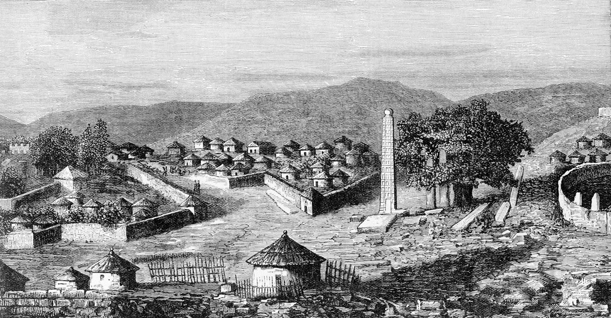 أكسوم (أكسوم) ، العاصمة الدينية لإثيوبيا ، حوالي عام 1850. من رسم للمستكشف غوستافو بيانكي. بواسطة المدرسة الايطالية