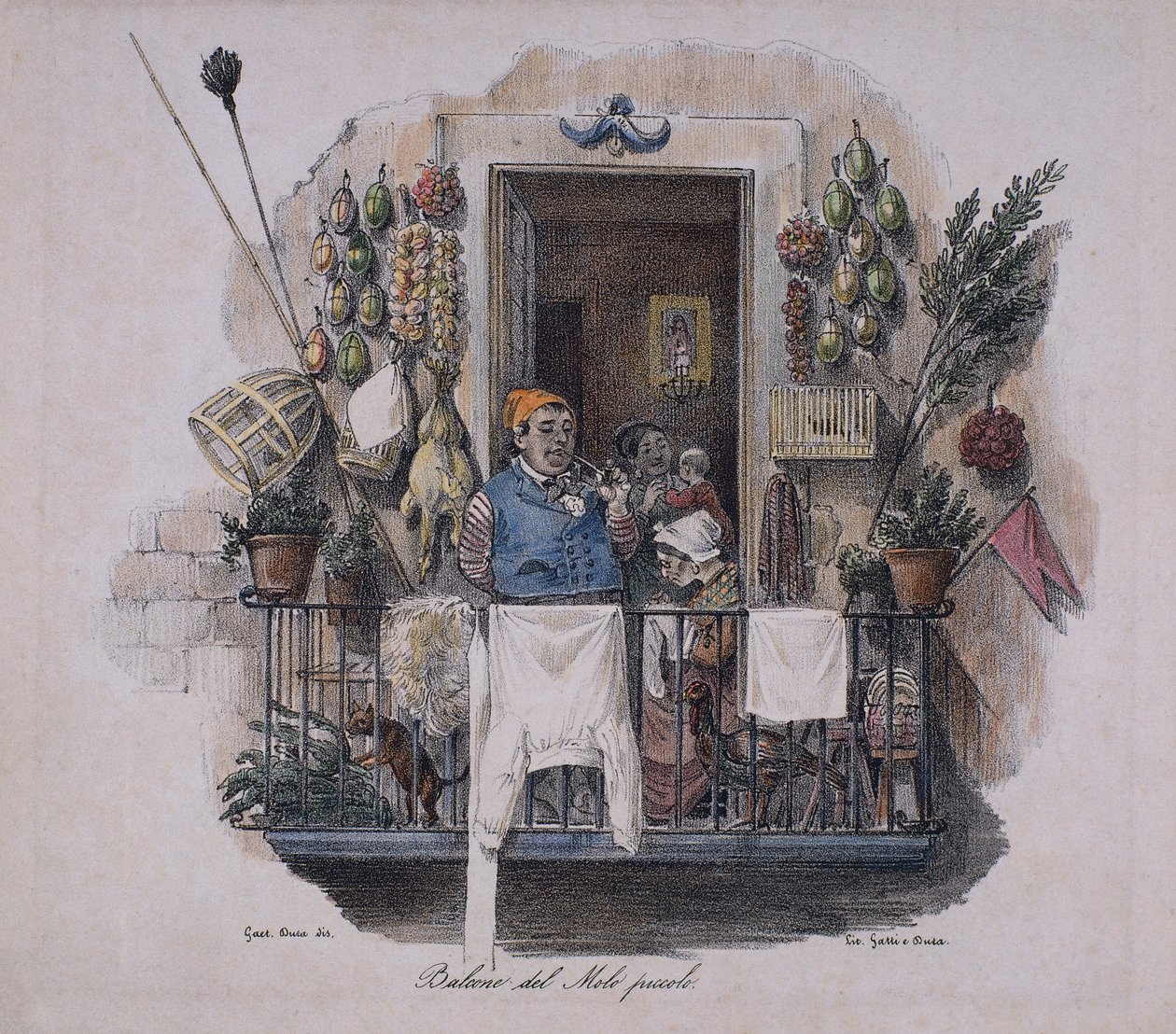Balcony at the Small Pier in Naples, Italy,19th Century (lithograph) بواسطة المدرسة الايطالية