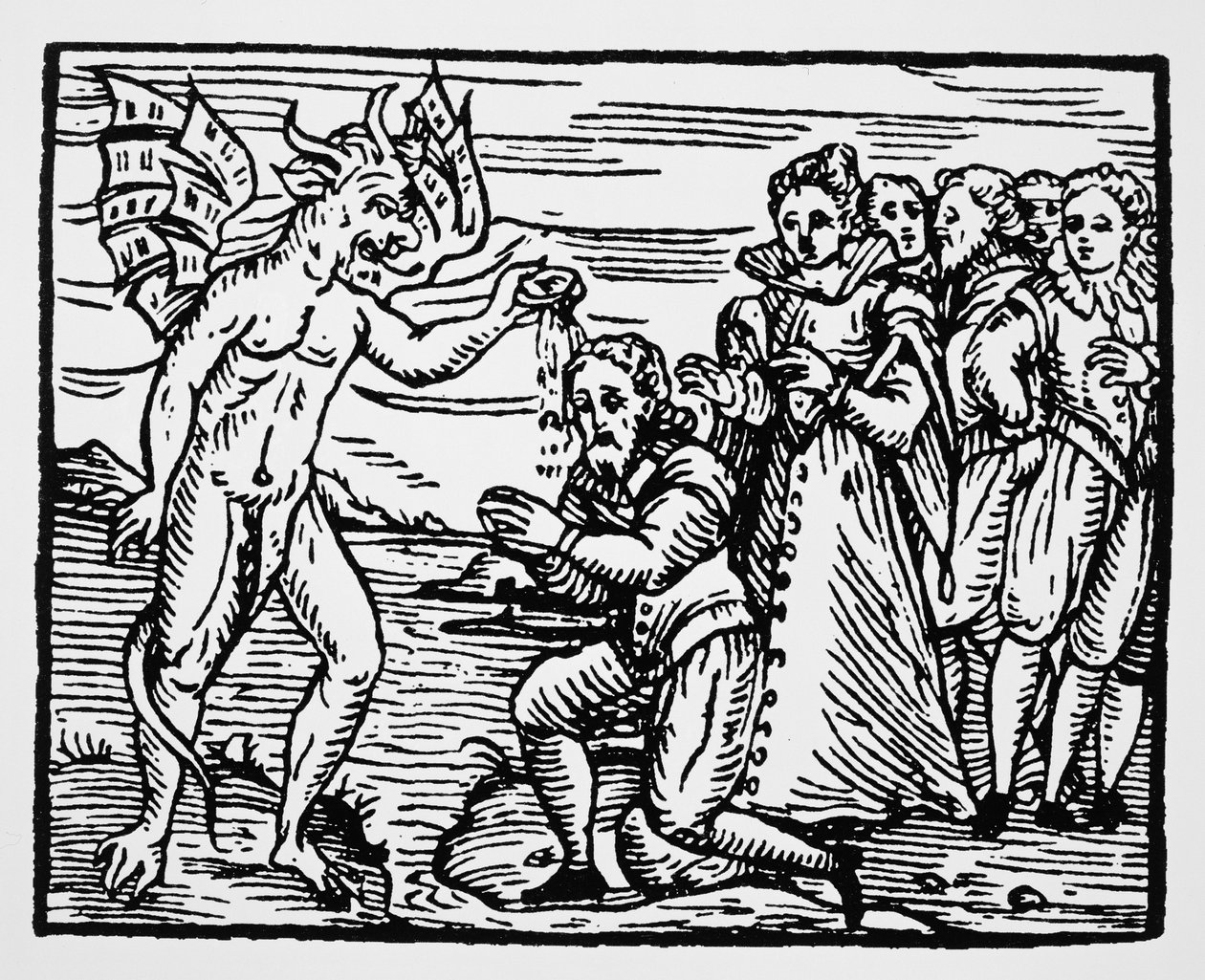 المعمودية من قبل الشيطان ، نسخة من رسم توضيحي من الخلاصة Maleficarum بواسطة الأب M Guaccius ، ميلان 1608 ، المستخدمة في تاريخ السحر ، نُشرت في أواخر القرن التاسع عشر بواسطة المدرسة الايطالية