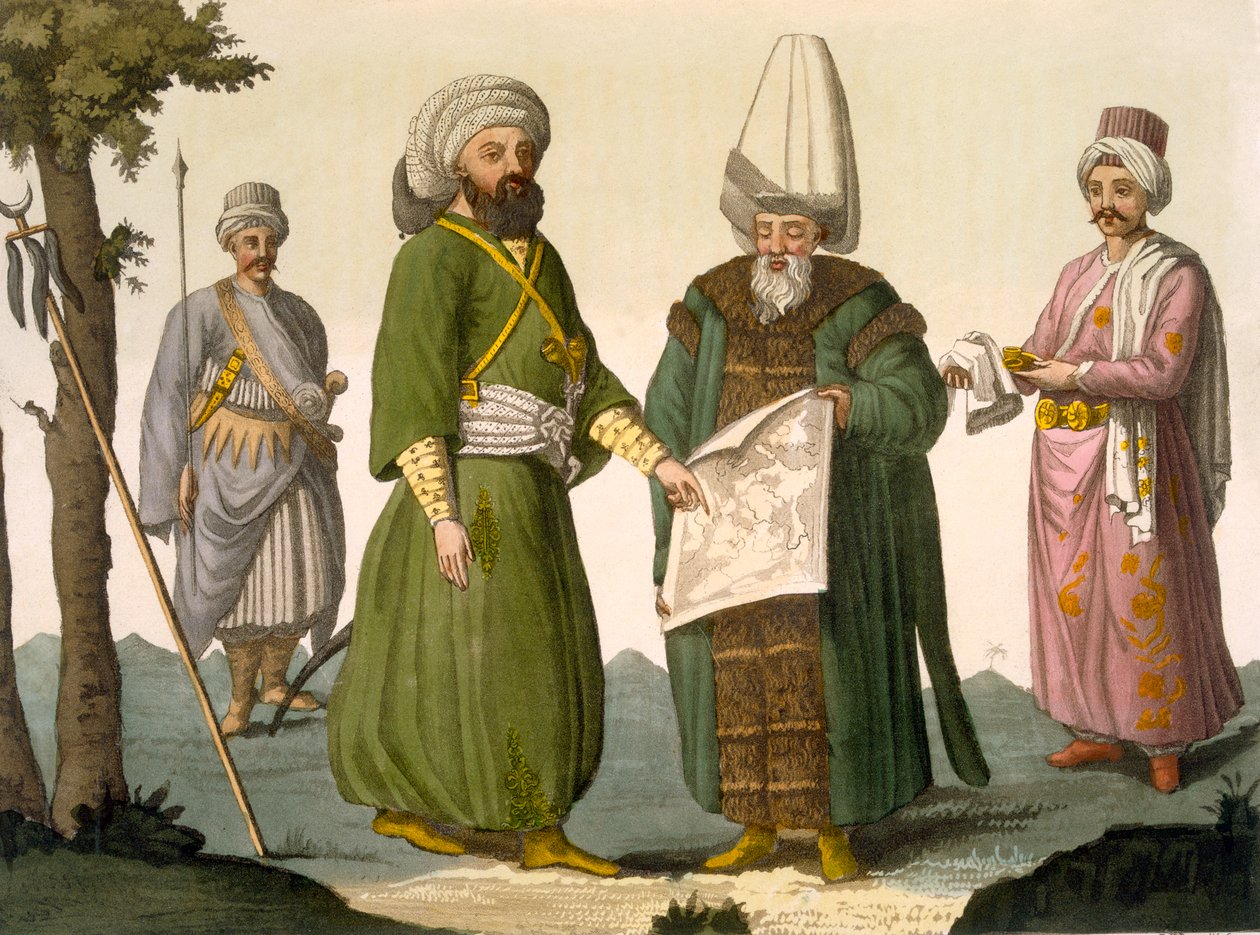 Bascia (القائد العسكري) A Bascia in Battle Dress ، Body Guard of the Bascia and Page ، اللوحة 18 من الجزء الثالث ، المجلد الأول من تاريخ الأمم ، منقوش بواسطة DK Bonatti (aquatint) بواسطة المدرسة الايطالية