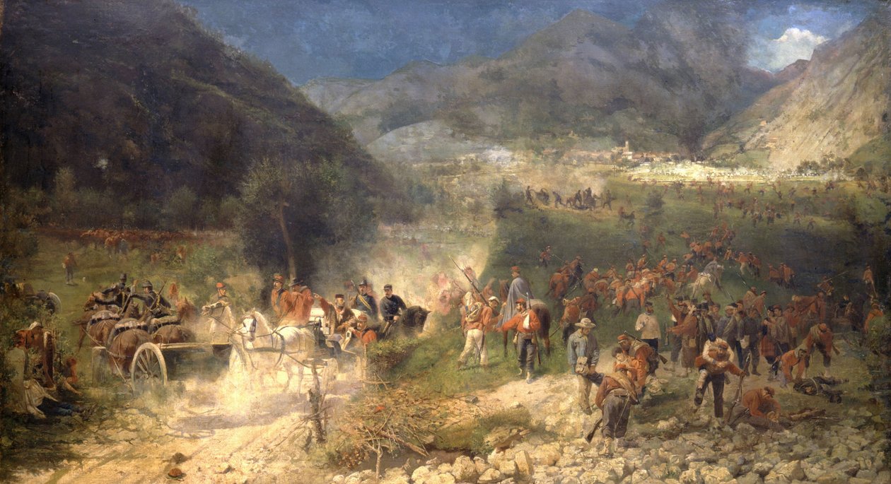 معركة بيزيكا: متطوعو جوزيبي غاريبالدي يقاتلون النمساويين في 21/7/1866. متحف Risorgimento. ميلان. بواسطة المدرسة الايطالية