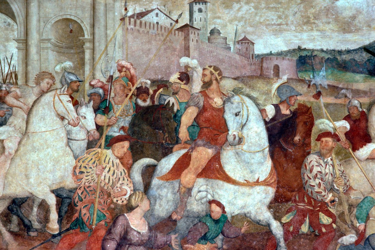 مشهد معركة خارج أسوار المدينة، حوالي ستينيات القرن الرابع عشر (لوحة جدارية) بواسطة المدرسة الايطالية