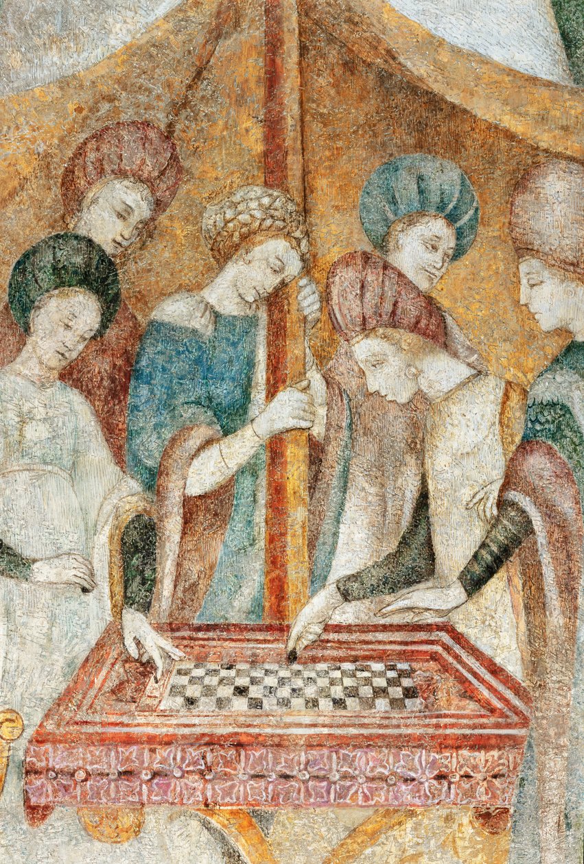 Bicocca degli Arcimboldi: لوحة جدارية من القرن الخامس عشر ، تفاصيل لعبة الداما (في الهواء الطلق) بواسطة المدرسة الايطالية