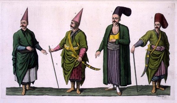 بوستاندجي وخاسيكي وأمثلة أخرى للزي العثماني ، اللوحة 5 من الجزء الثالث ، المجلد الأول من "تاريخ الأمم" ، نقشها في. بواسطة المدرسة الايطالية