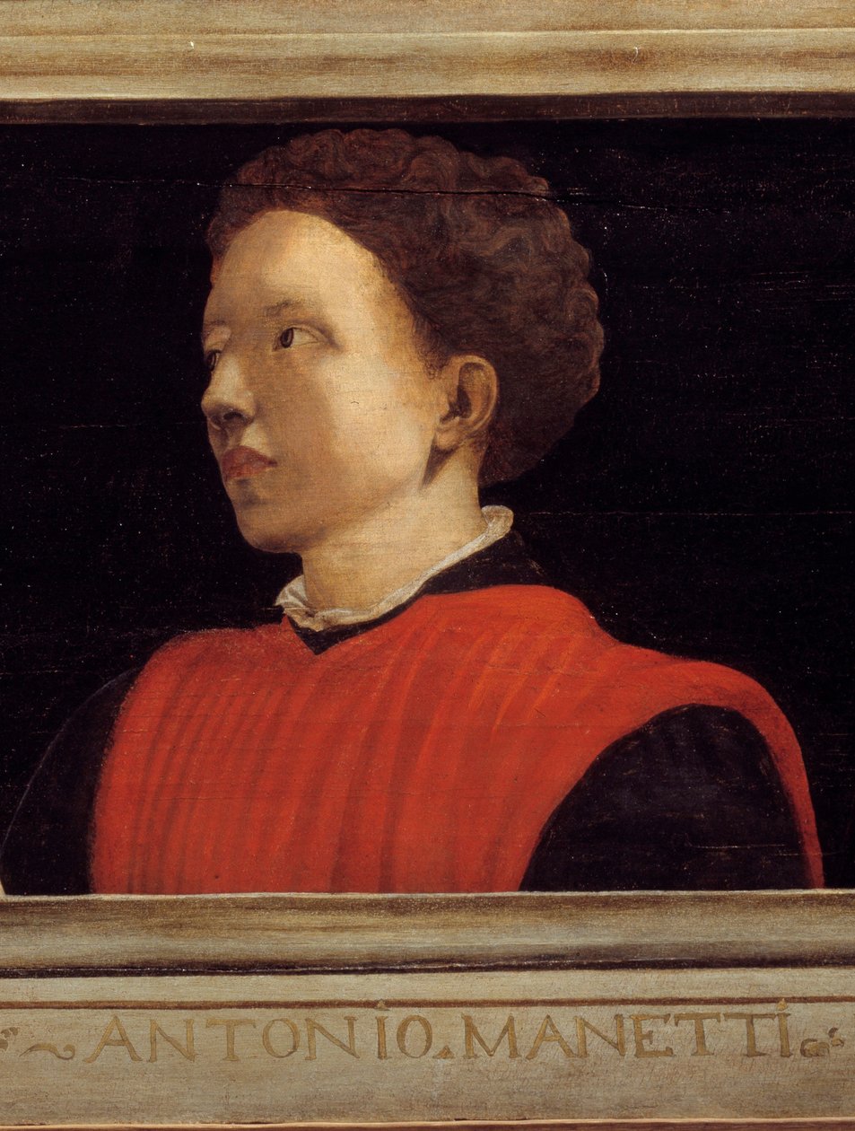Cassone featuring 5 portraits of the Master of the Florentine Renaissance detail with the portrait of Manetti Rutilio di Lorenzo (1571-1639). Italian school of the 16th century. The inscription below is probably successive. Musee du Louvre, Paris. بواسطة المدرسة الايطالية