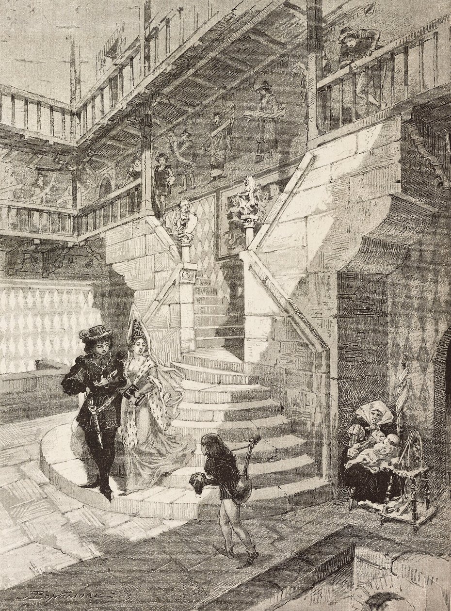 Castle courtyard, medieval village in Turin, Italy, engraving by Bonamore from L