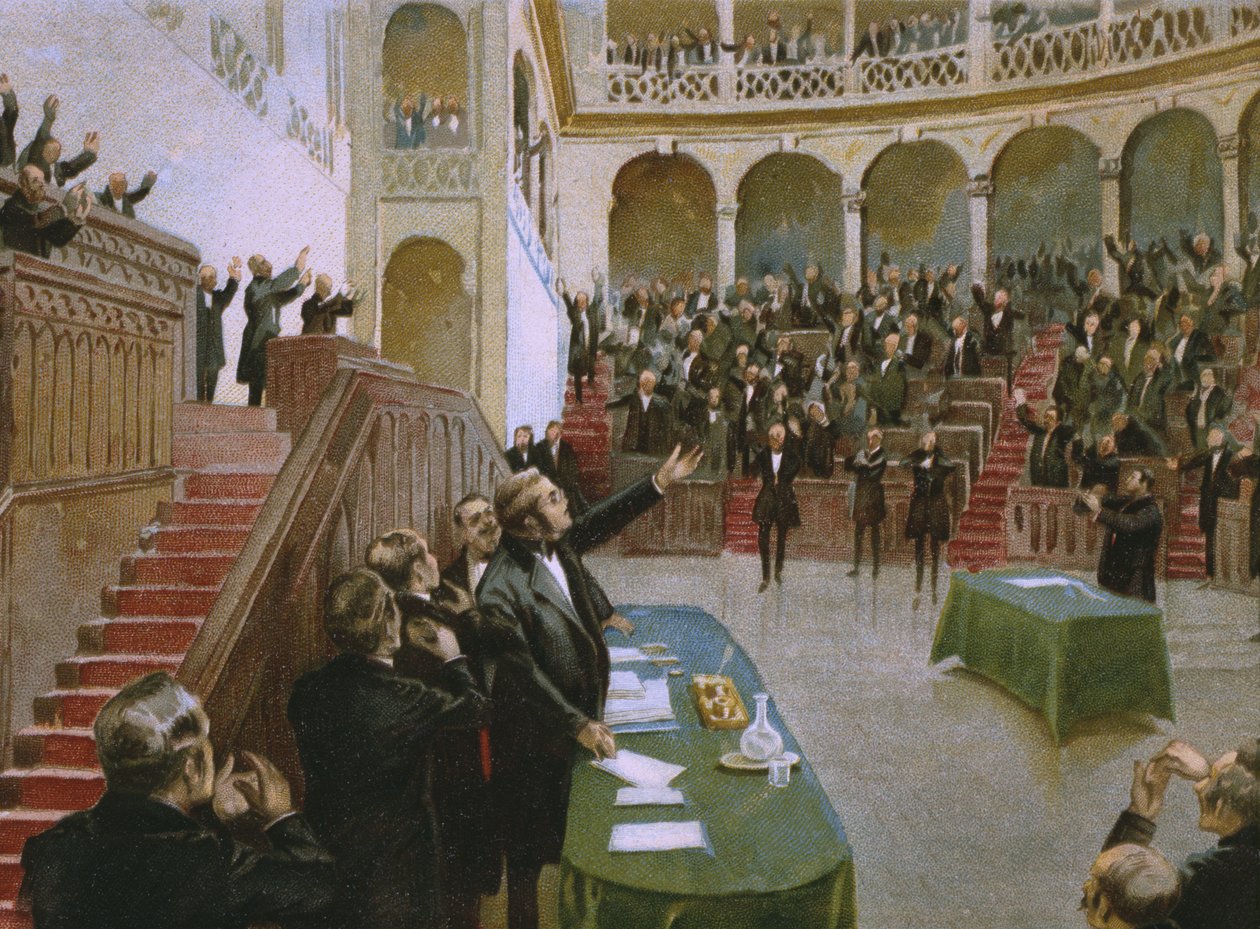كافور يجعل أول برلمان وطني إيطالي يصفق للملك فيكتور عمانويل الثاني (1820-1878) في 18 فبراير 1861 ، التوضيح من ألبوم عن تاريخ Risorgimento المصنوع للشوكولاتة بواسطة المدرسة الايطالية