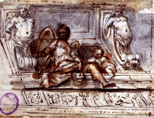تصميم السقف مع Muse of Music ، حوالي عام 1700 (قلم وحبر مع ألوان مائية على ورق) بواسطة المدرسة الايطالية