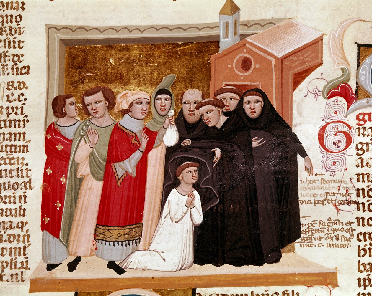 احتفال عادة راهب مصغر من "Decret de Gratien" ("Concordia discordantium canonum" أو "Decretum Gratiani") يرجع تاريخه إلى عام 1140 وينظم قوانين وشرائع الكنيسة الرومانية الكاثوليكية. القرن الرابع عشر سيينا ، مكتبة ديجلي إنتروناتي بواسطة المدرسة الايطالية