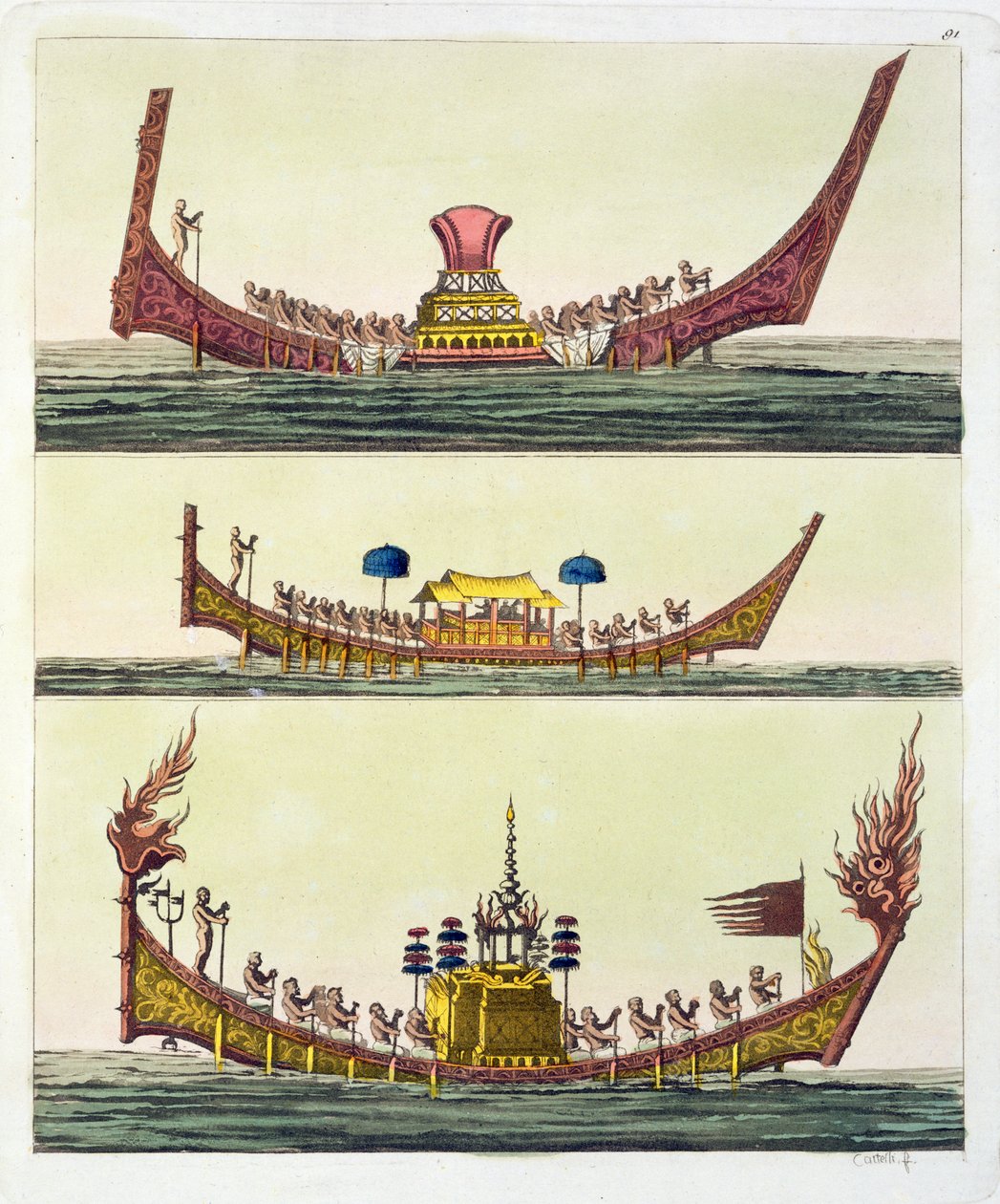 سفن كوتشين الصينية ، رسم توضيحي من Le Costume Ancien et Moderne بقلم جوليو فيراريو ، تم نشره في 1820s-30s بواسطة المدرسة الايطالية