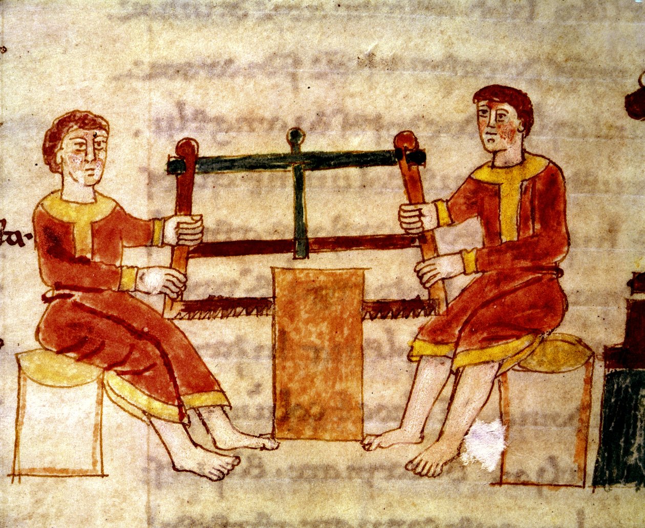 Codex 132 Livre 14 Chap.25 اثنان منشار الخشب ، من De Universo بواسطة Rabanus Maurus (c.780-856) 1023 بواسطة المدرسة الايطالية