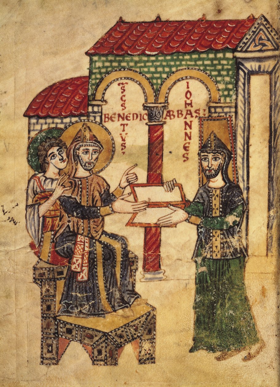 مخطوطة 73 أبوت جون تقدم مخطوطة إلى القديس بنديكت (c.480-c.550) ، رئيس دير ومؤسس Montecassino ، كتبها ديكون بول ، إيطالي ، 915 ، من التعليق على القواعد الرهبانية للقديس بن بواسطة المدرسة الايطالية