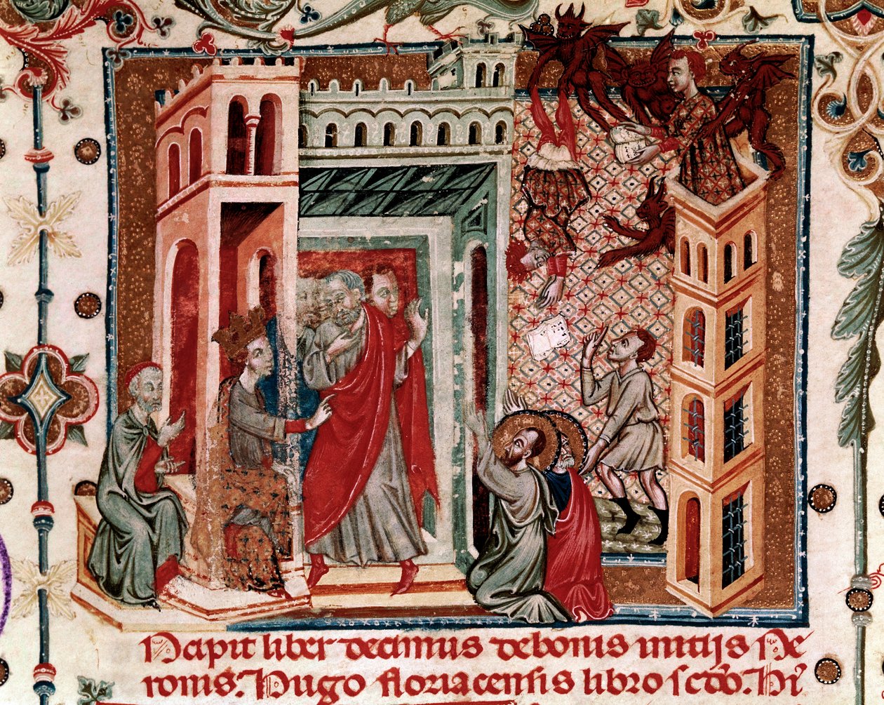 Codices Cavenses، Cod.25 f.181، Simon Magus، Emperor Nero، and Apostles، miniature from Speculum Historiale، Part I، بقلم فنسنت دي بوفيز ، c.1320 (درجة الحرارة على الرق) بواسطة المدرسة الايطالية