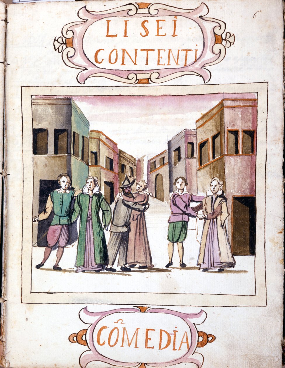 كوميديا ​​من تأليف Li sei contenti بعد مجلد مخطوطة "سيناريوهات المسرحيين المختارين" (1621 - 1643). روما ، Accademia dei Lincei. بواسطة المدرسة الايطالية