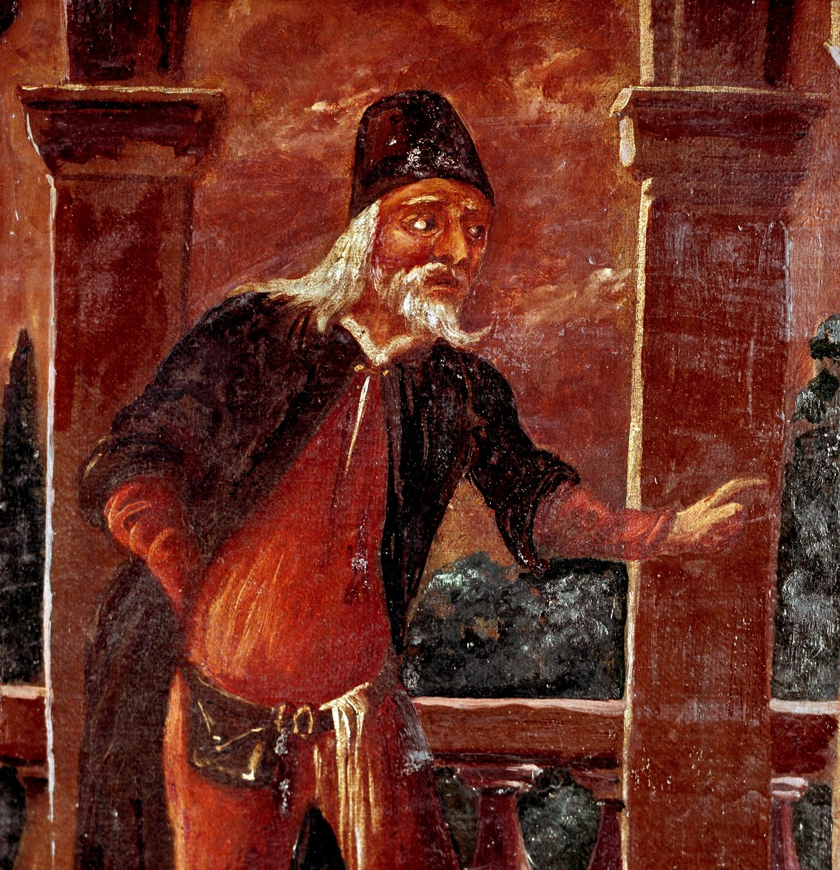 Commedia dell'arte: "" تمثيل شخصية Pants (Pantalone) ، قناع الكوميديا الإيطالية "" لوحة مجهولة من القرن الثامن عشر. مكتبة ومتحف Teatrale del Burcardo روما بواسطة المدرسة الايطالية