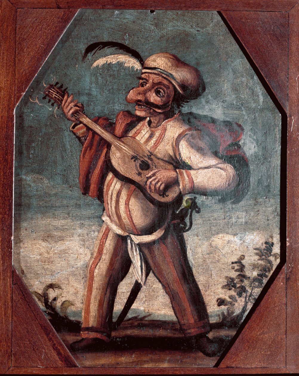 Commedia dell'arte: "" تمثيل شخصية Polichinelle (Pulcinella) ، قناع الكوميديا الإيطالية ، العزف على الجيتار "". لوحة مجهولة من القرن الثامن عشر. مكتبة ومتحف Teatrale del Burcardo روما بواسطة المدرسة الايطالية