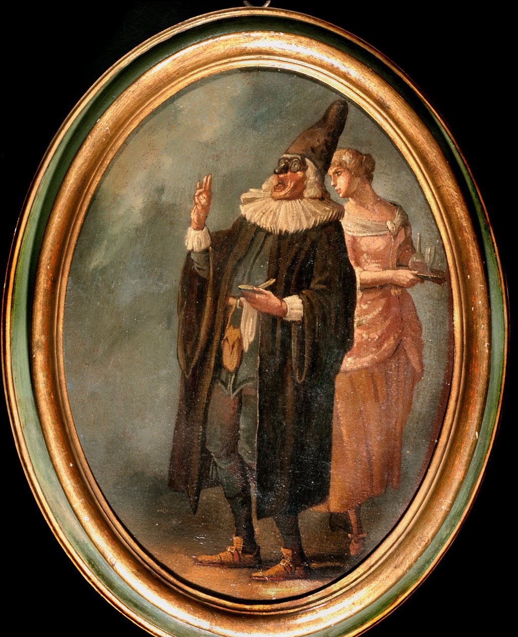 Commedia dell'arte: تمثيل شخصية الطبيب (Balanzone) ، قناع الكوميديا الإيطالية. لوحة مجهولة من القرن الثامن عشر. مكتبة ومتحف Teatrale del Burcardo روما بواسطة المدرسة الايطالية