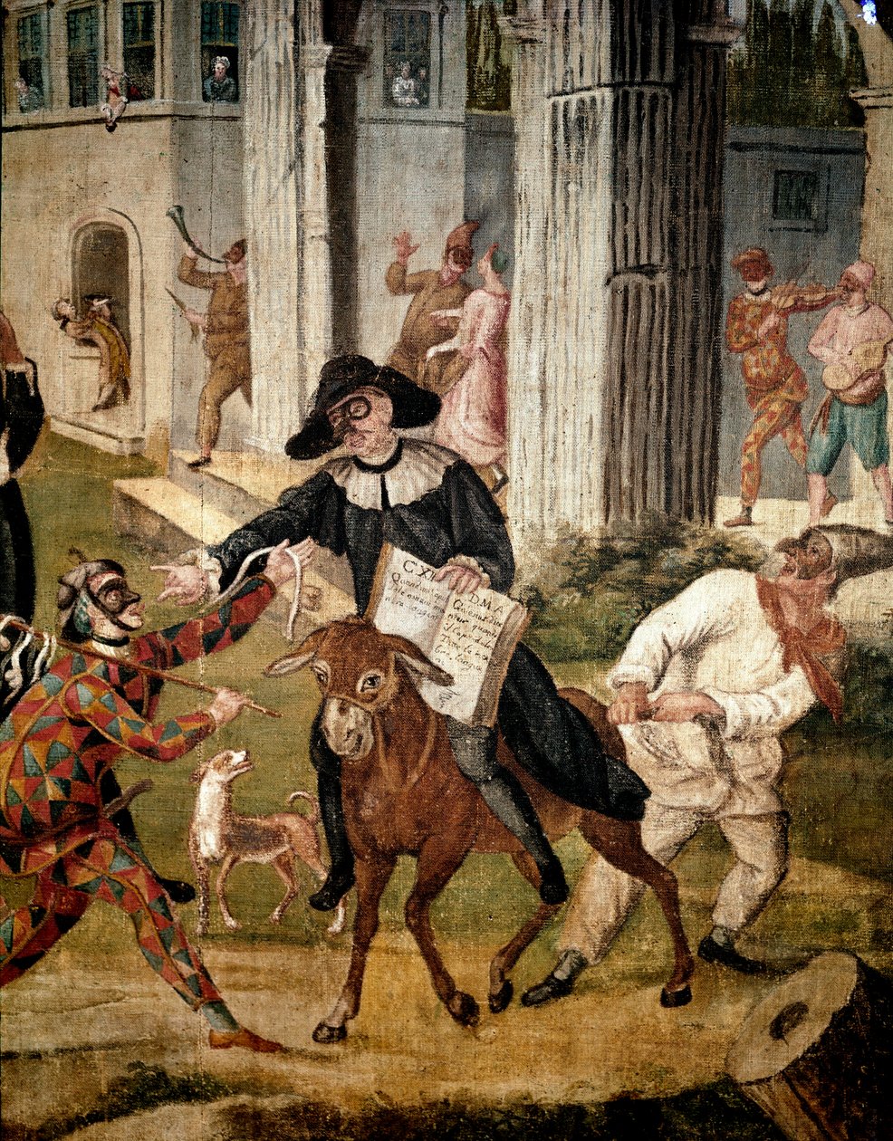 Commedia dell'arte: "" تمثيل شخصيات Arlecchino (Harlequin ، Harlequin) ، Ballanzone (دكتور) ، Pulcinella (Polichinelle) ، أقنعة الكوميديا الإيطالية خلال مشهد مهزلة "" لوحة مجهولة من القرن الثامن عشر. مكتبة ومتحف الحلمة بواسطة المدرسة الايطالية