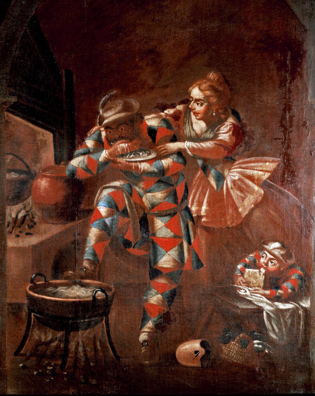 Commedia dell'arte: "" تمثيل شخصيات Harlequin (Harlequin ، Arlecchino) و Colombine ، أقنعة الكوميديا الإيطالية ، في مشهد من lazzi (مهزلة) "لوحة مجهولة من القرن الثامن عشر. مكتبة ومتحف Teatrale del Burcardo روما بواسطة المدرسة الايطالية
