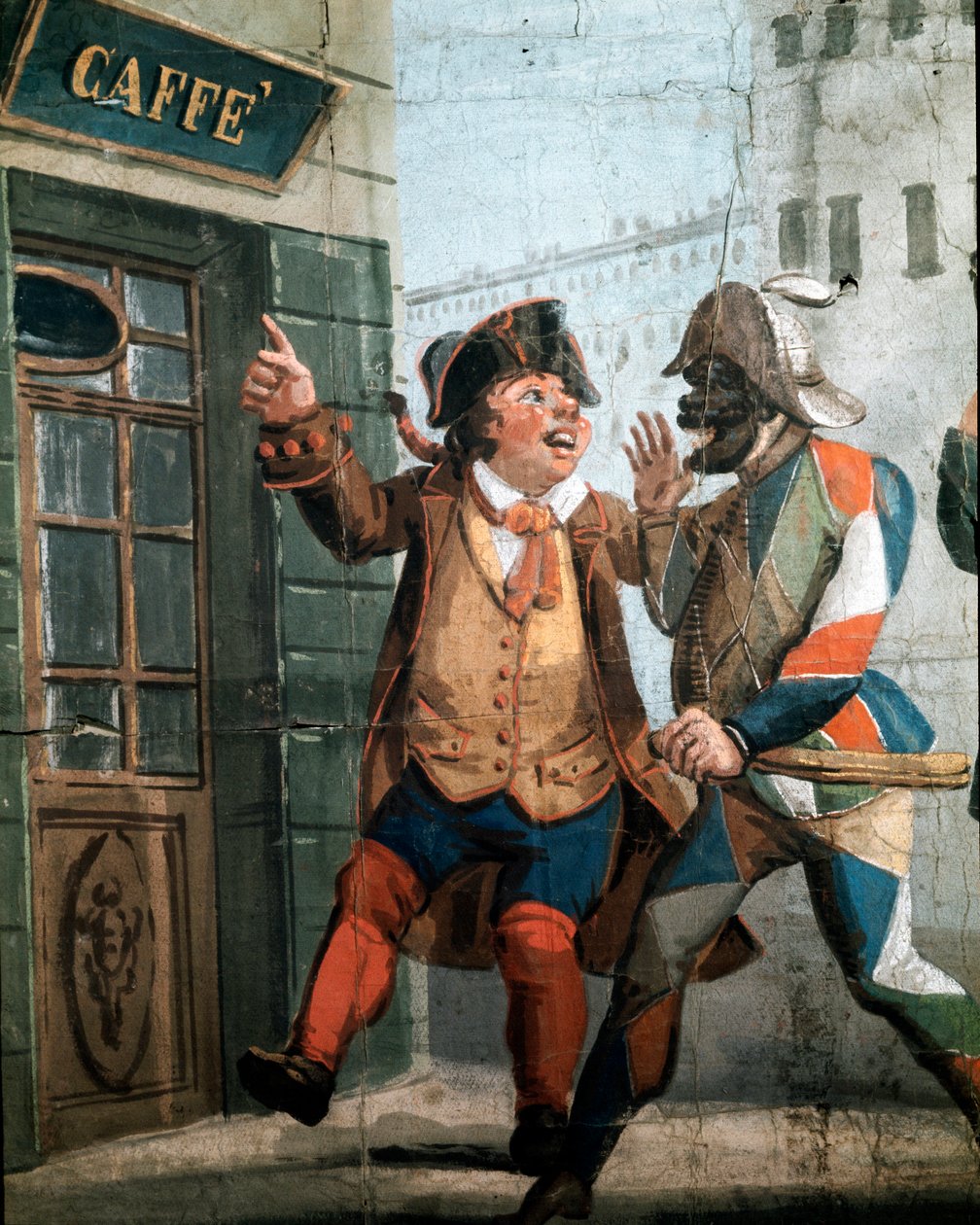 Commedia dell'arte: "" شخصيات Harlequin (Harlequin ، Arlecchino) و Gianduja ، أقنعة المسرح الإيطالي الشهير ، ادخلوا مقهى "" تفاصيل ملصق لعرض الدمى Compagnia Lupi. لوحة مجهولة. القرن التاسع عشر Biblioteca e Museo Te بواسطة المدرسة الايطالية