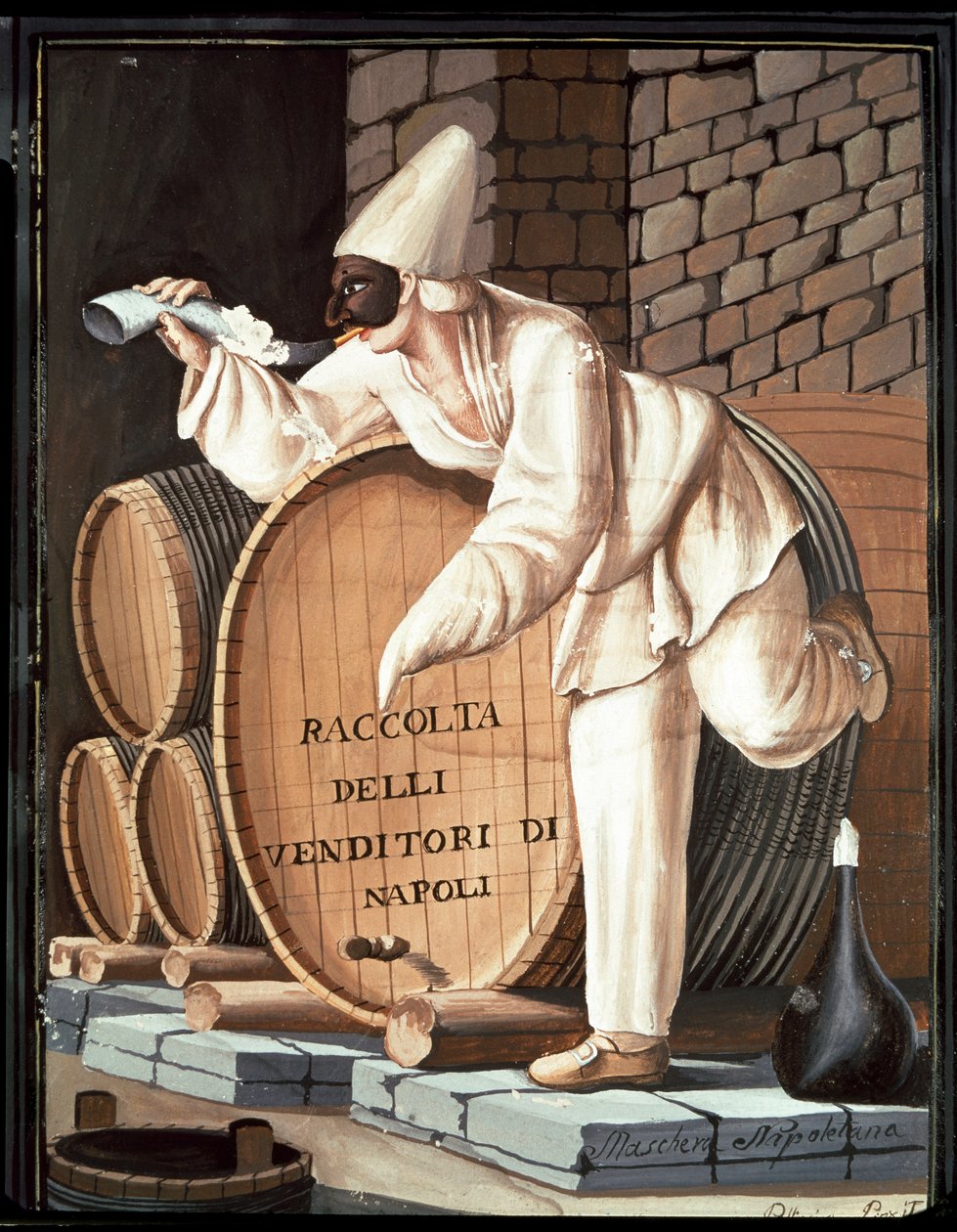 Commedia dell'arte: زي نابولي التقليدي: قناع Pulcinella - (شرب قناع Pulcinella) المتحف الوطني لسان مارتينو نابولي بواسطة المدرسة الايطالية